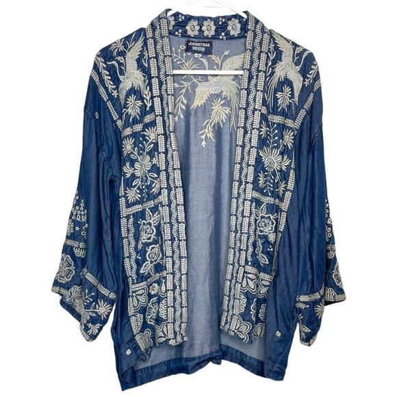 Johnny Was Tops - Johnny Was Alberte Cropped Kimono Tencel Open Front Embroidered Chambray Top XS